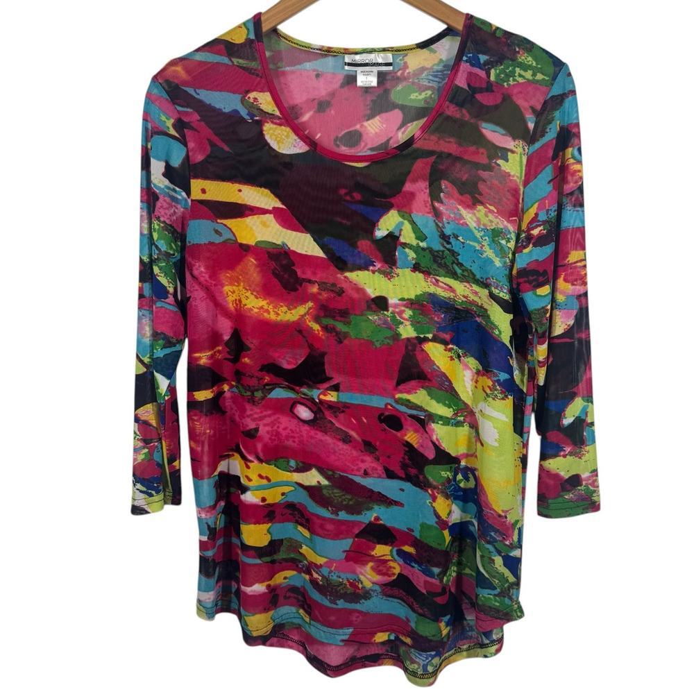 Mirror Image Top Women Size S Black Pink Colorful Sheer‎ Blouse 3/4 Sleeve Tunic